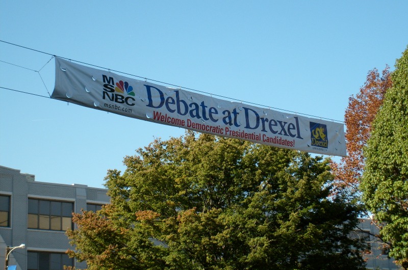A banner announcing the debate hung on Drexel's campus.